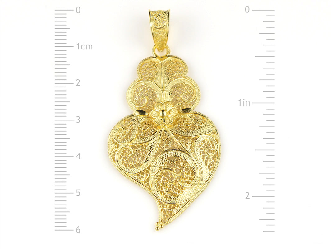 Medalha Coração Minhoto Médio, Filigrana Portuguesa, Prata de Lei 925 Dourada - Medidas