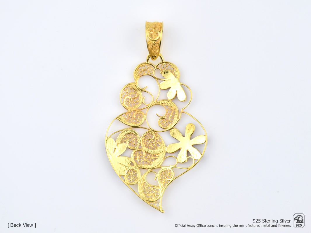 Colar Coração Grande Flores Esmalte, Filigrana Portuguesa, Prata de Lei 925 Dourada - Vista de trás