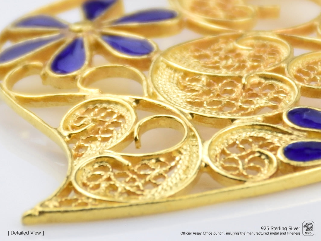 Colar Coração Grande Flores Esmalte, Filigrana Portuguesa, Prata de Lei 925 Dourada - Pormenor