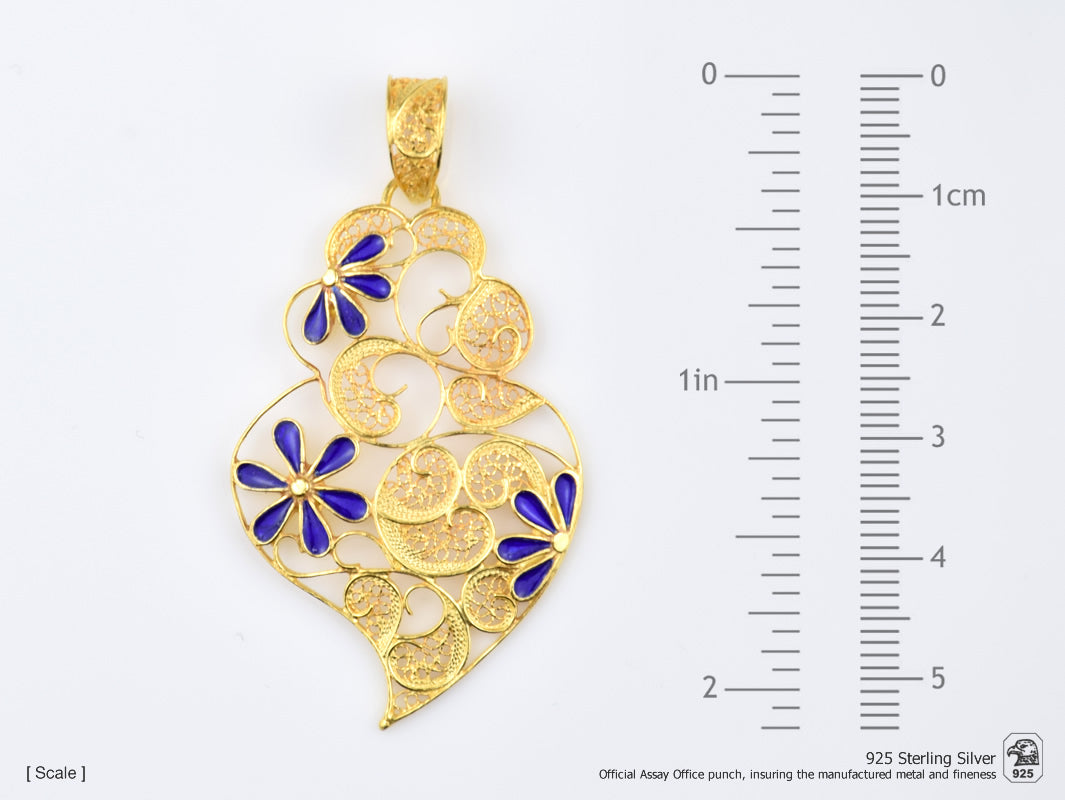 Colar Coração Grande Flores Esmalte, Filigrana Portuguesa, Prata de Lei 925 Dourada - Medidas
