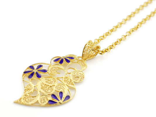 Colar Coração Grande Flores Esmalte, Filigrana Portuguesa, Prata de Lei 925 Dourada - Perspectiva