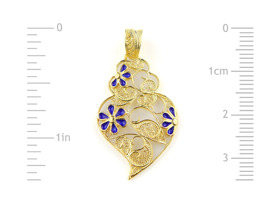 Colar Coração Pequeno Flores Esmalte, Filigrana Portuguesa, Prata de Lei 925 Dourada - Medidas