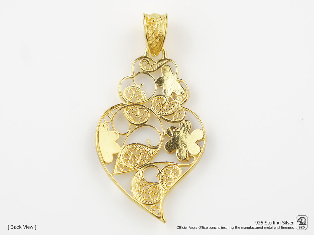 Colar Coração Pequeno Flores Esmalte, Filigrana Portuguesa, Prata de Lei 925 Dourada - Vista de trás