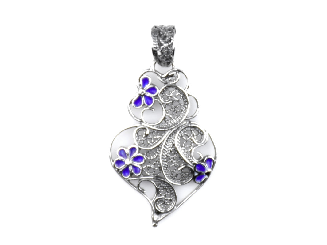 Medalha Coração Pequeno Flores Esmalte, Filigrana Portuguesa, Prata de Lei 925 - Vista de Frente