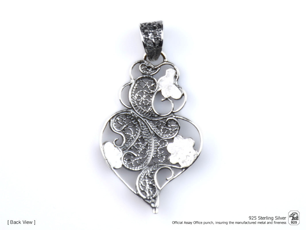 Medalha Coração Pequeno Flores Esmalte, Filigrana Portuguesa, Prata de Lei 925 - Vista de Trás
