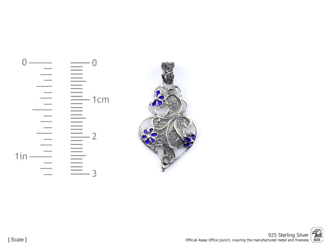 Medalha Coração Pequeno Flores Esmalte, Filigrana Portuguesa, Prata de Lei 925 - Medidas