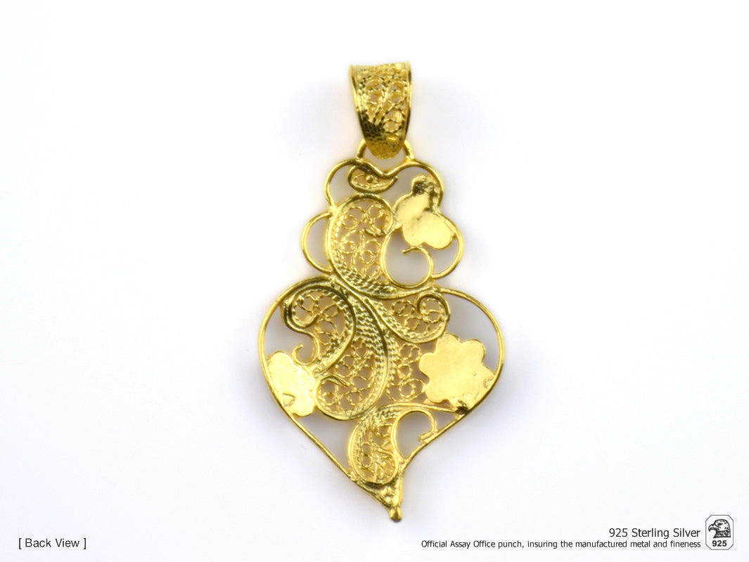 Colar Coração Pequeno Flores Esmalte, Filigrana Portuguesa, Prata de Lei 925 Dourada - Vista de Trás