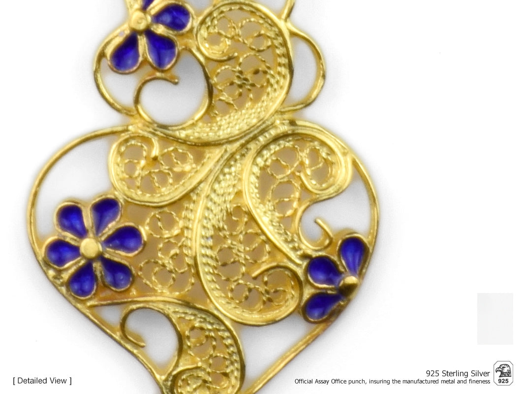 Colar Coração Pequeno Flores Esmalte, Filigrana Portuguesa, Prata de Lei 925 Dourada - Pormenor