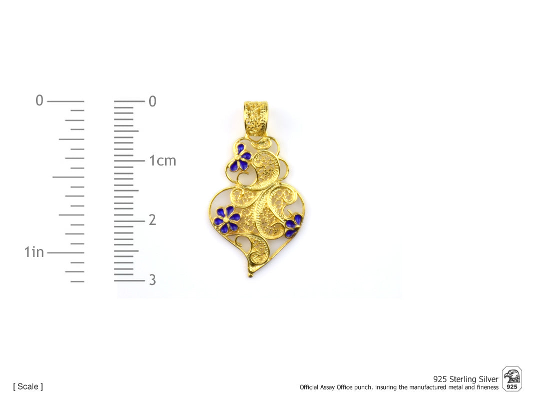 Colar Coração Pequeno Flores Esmalte, Filigrana Portuguesa, Prata de Lei 925 Dourada - Medidas