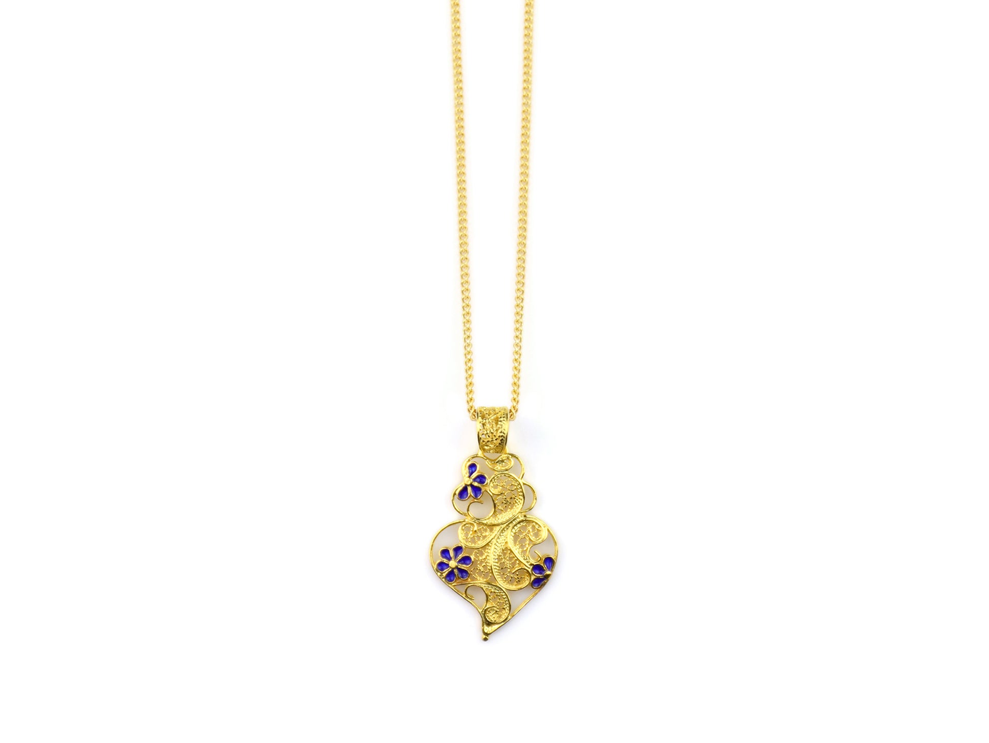 Colar Coração Pequeno Flores Esmalte, Filigrana Portuguesa, Prata de Lei 925 Dourada - Vista de Frente