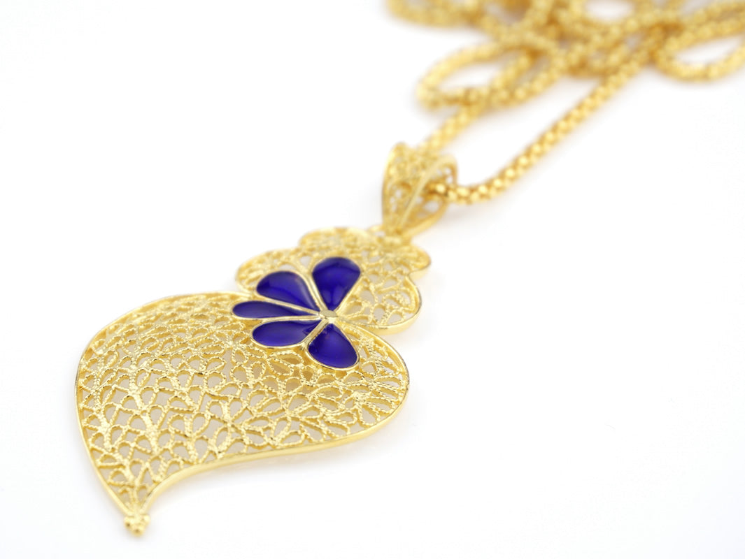 Enameled Petals Heart set, Earrings and Necklace, Portuguese Filigree, Golden 925 Sterling Silver