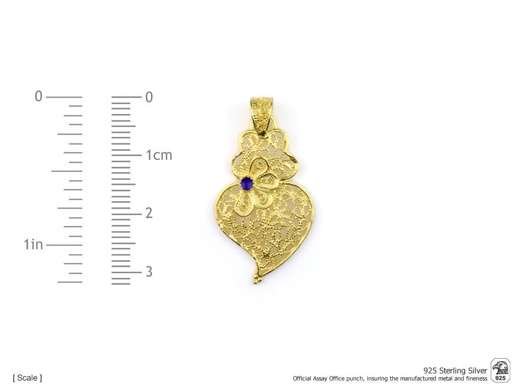 Medalha Coração Pequeno Flor, Filigrana Portuguesa, Prata de Lei 925 Dourada - Medidas