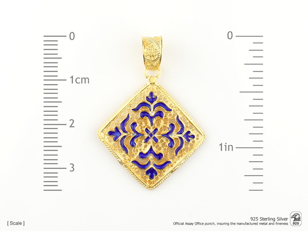 Colar Granitos com Medalha Azulejo com Esmalte, Filigrana Portuguesa, Prata de Lei 925 Dourada - Medidas