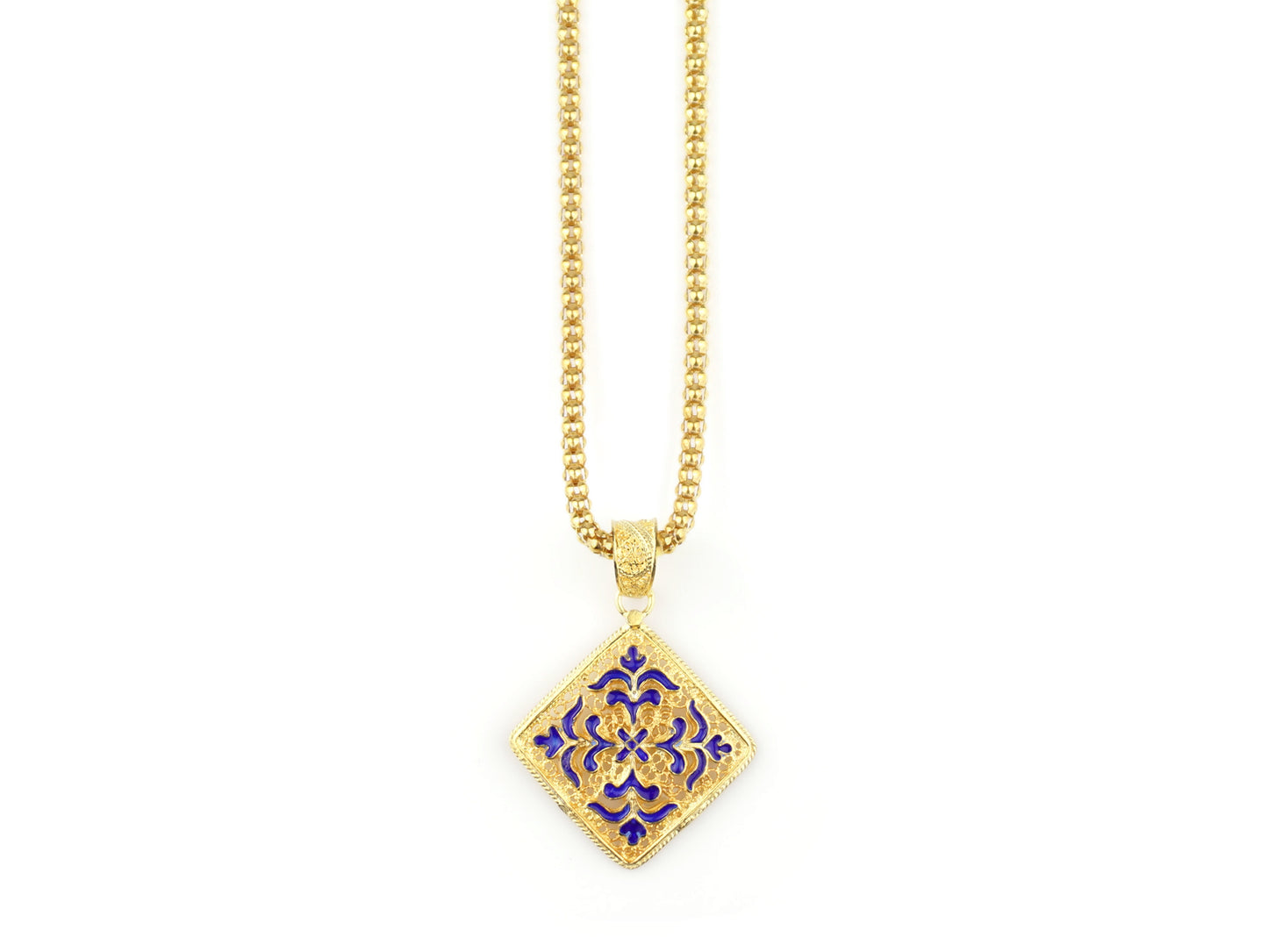 Colar Granitos com Medalha Azulejo com Esmalte, Filigrana Portuguesa, Prata de Lei 925 Dourada - Vista de Frente