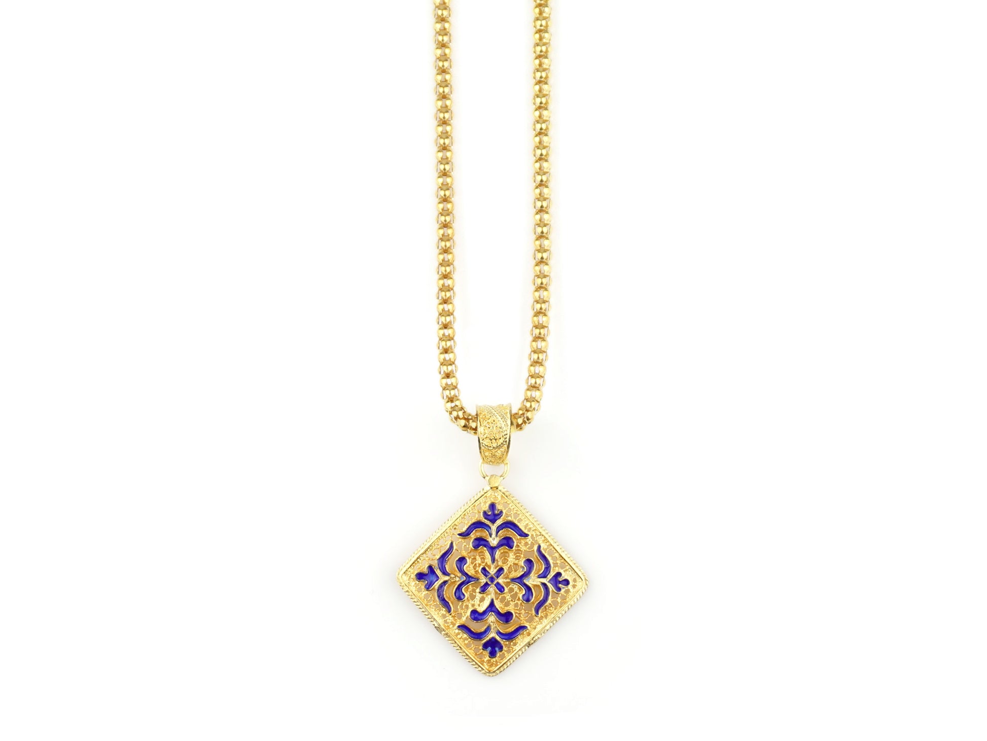 Colar Granitos com Medalha Azulejo com Esmalte, Filigrana Portuguesa, Prata de Lei 925 Dourada - Vista de Frente