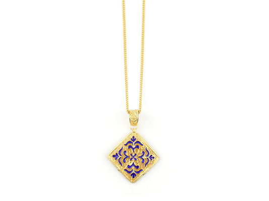 Colar Azulejo com Esmalte, Filigrana Portuguesa, Prata de Lei 925 Dourada - Vista de frente
