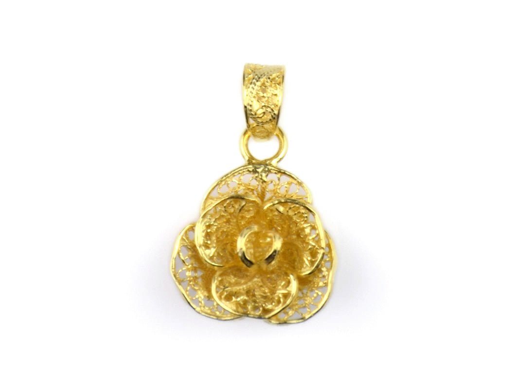 Medalha Flor Elaborada, Filigrana Portuguesa, Prata de Lei 925 Dourada - Vista de Frente