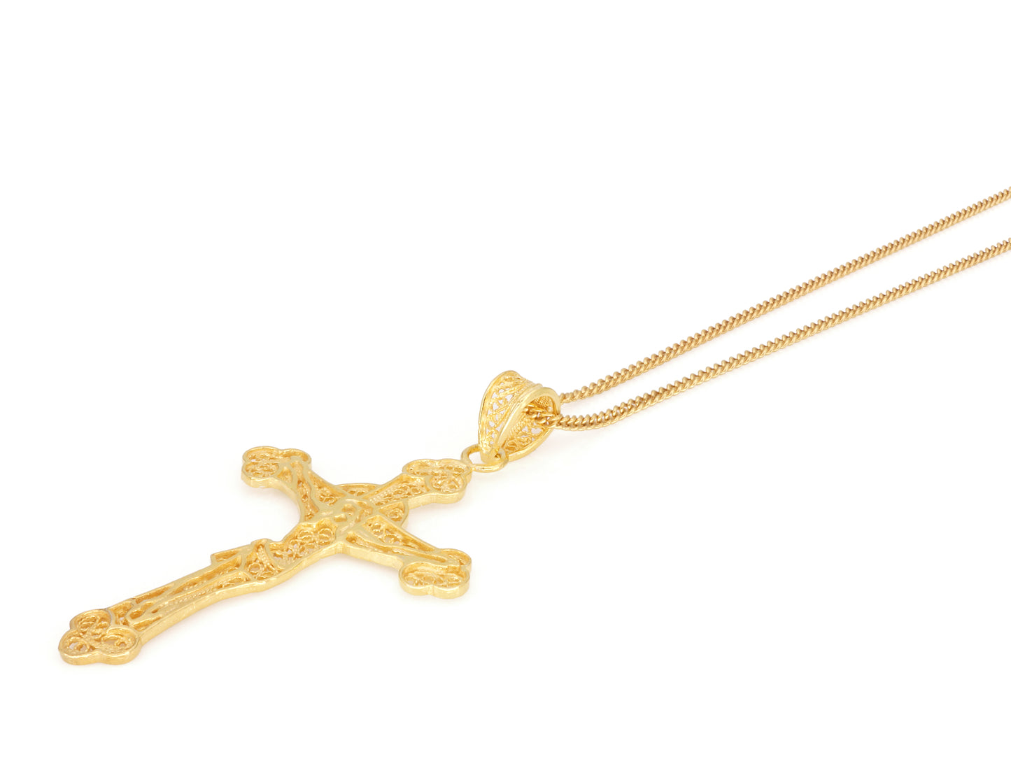 Colar com Cruz, Filigrana Portuguesa, Prata de Lei 925 Dourada - Perspectiva