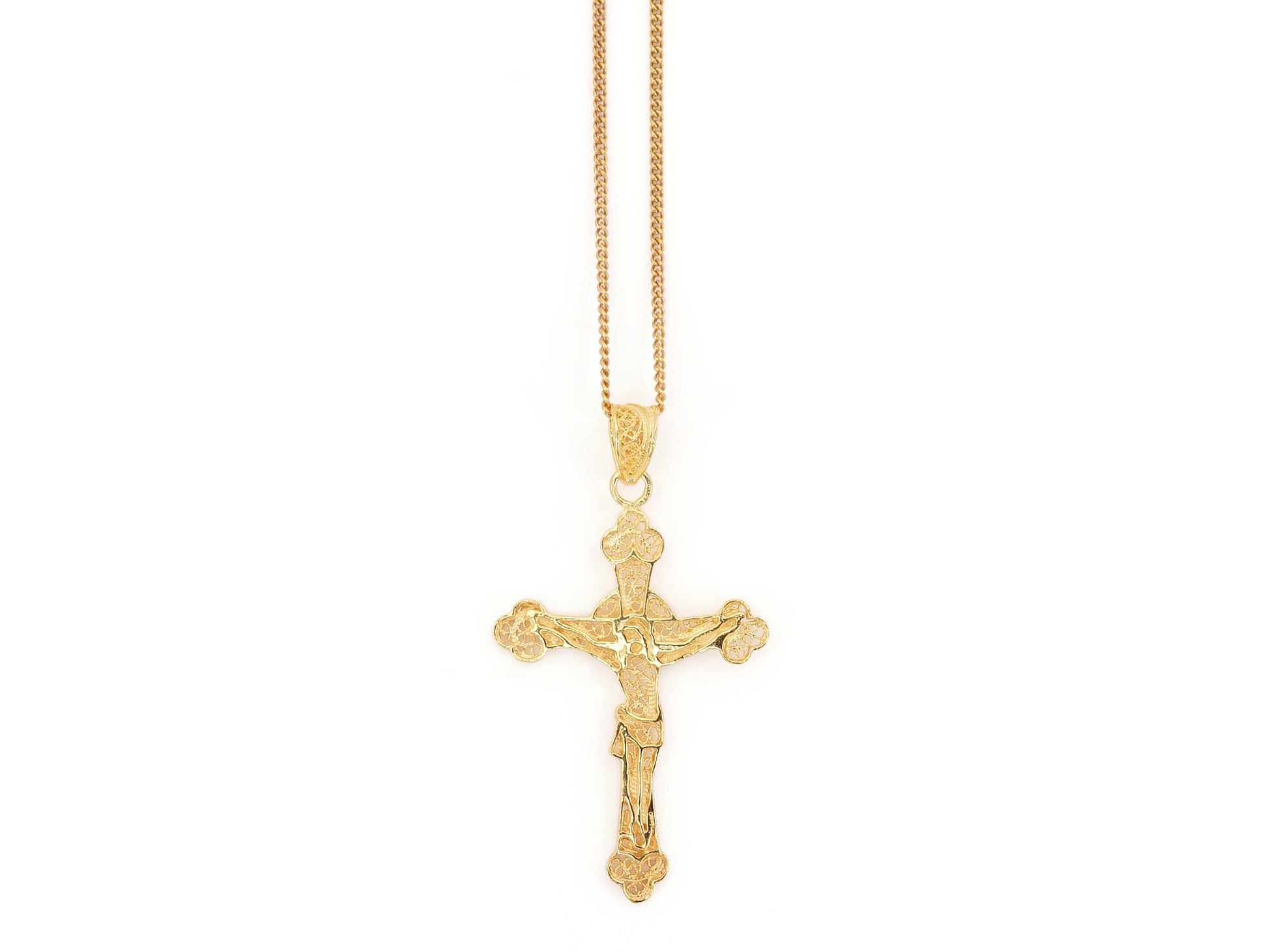 Colar com Cruz, Filigrana Portuguesa, Prata de Lei 925 Dourada