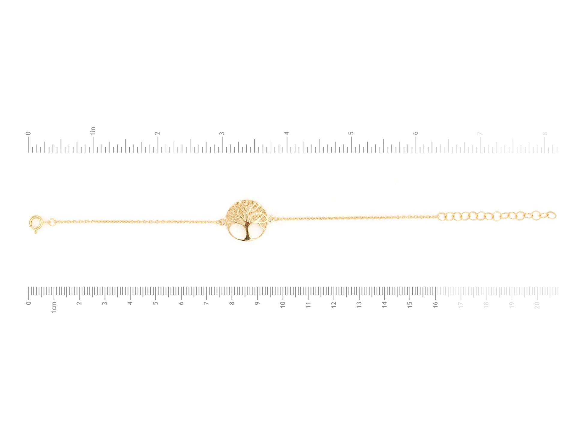 Pulseira Árvore da Vida, Filigrana Portuguesa, Prata de Lei 925 Dourada - Medidas