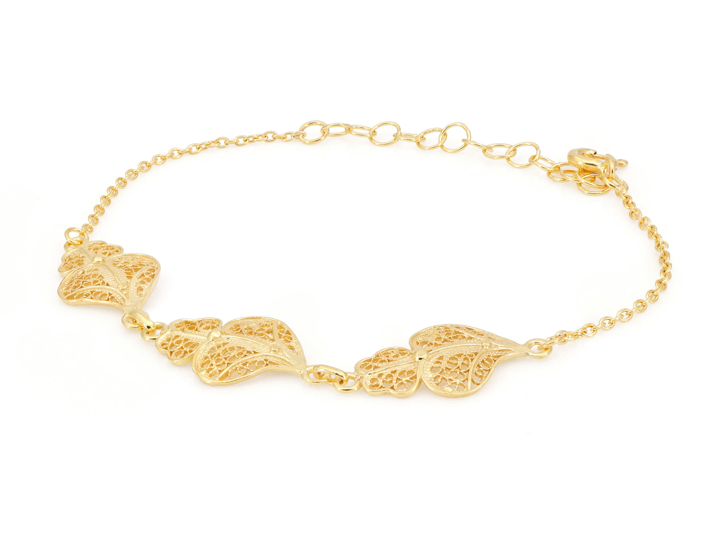 Pulseira Três Corações de Viana, Filigrana Portuguesa, Prata de Lei 925 Dourada