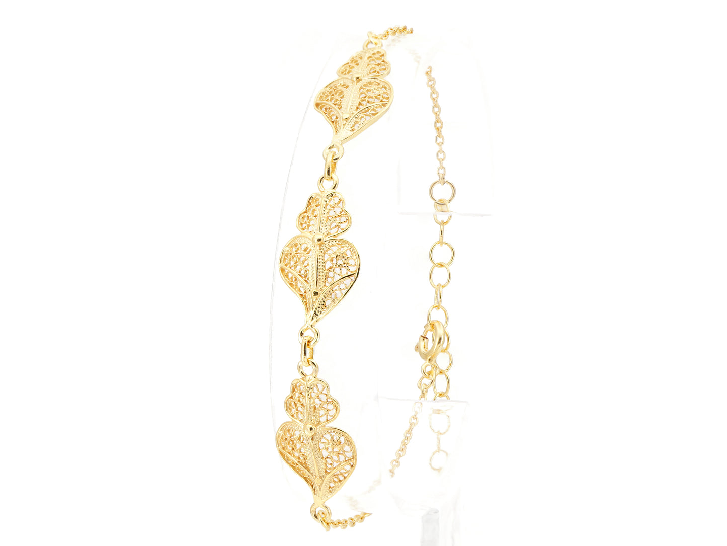 Pulseira Três Corações de Viana, Filigrana Portuguesa, Prata de Lei 925 Dourada - Pulseira em Expositor