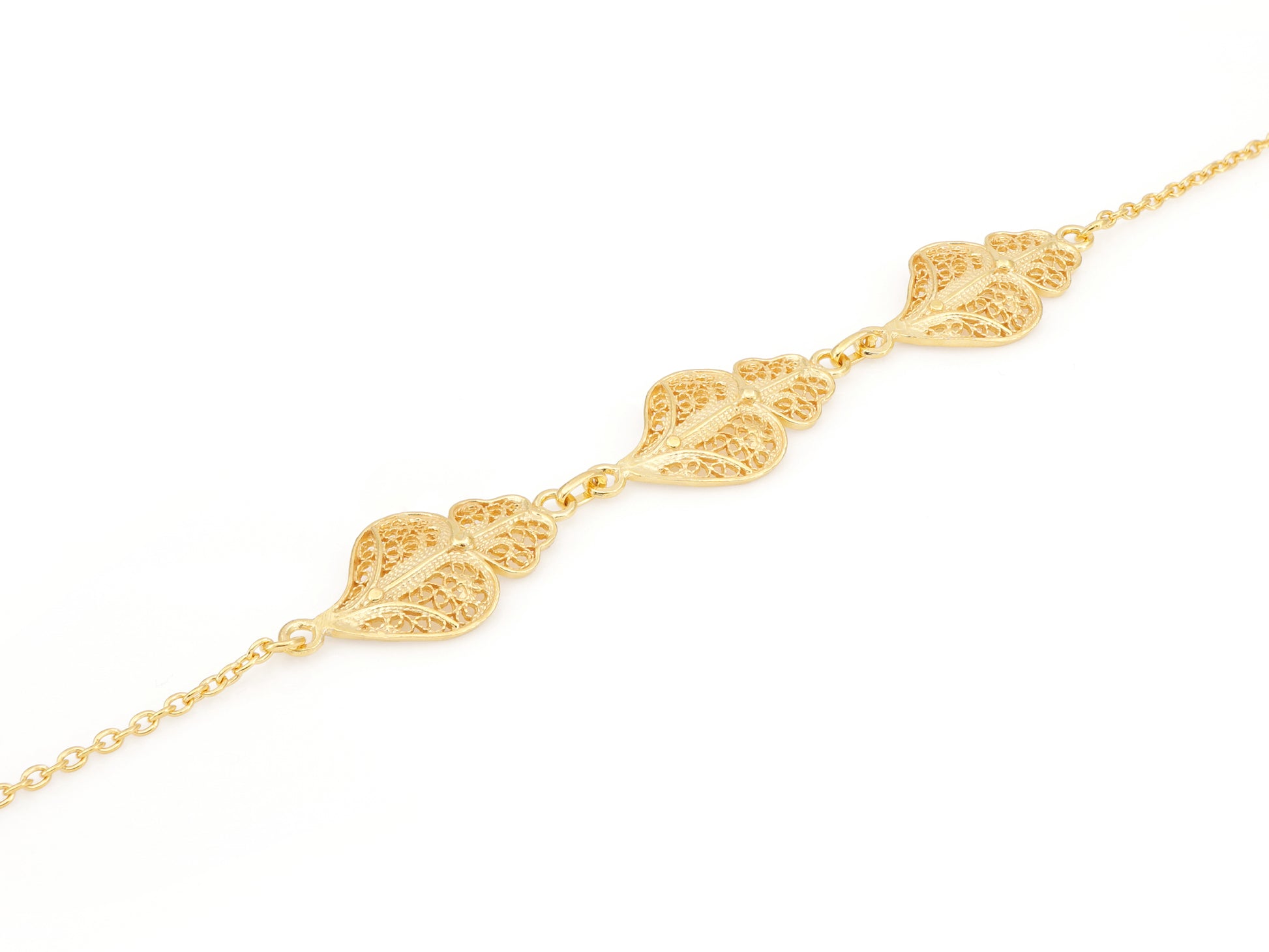 Pulseira Três Corações de Viana, Filigrana Portuguesa, Prata de Lei 925 Dourada - Perspectiva