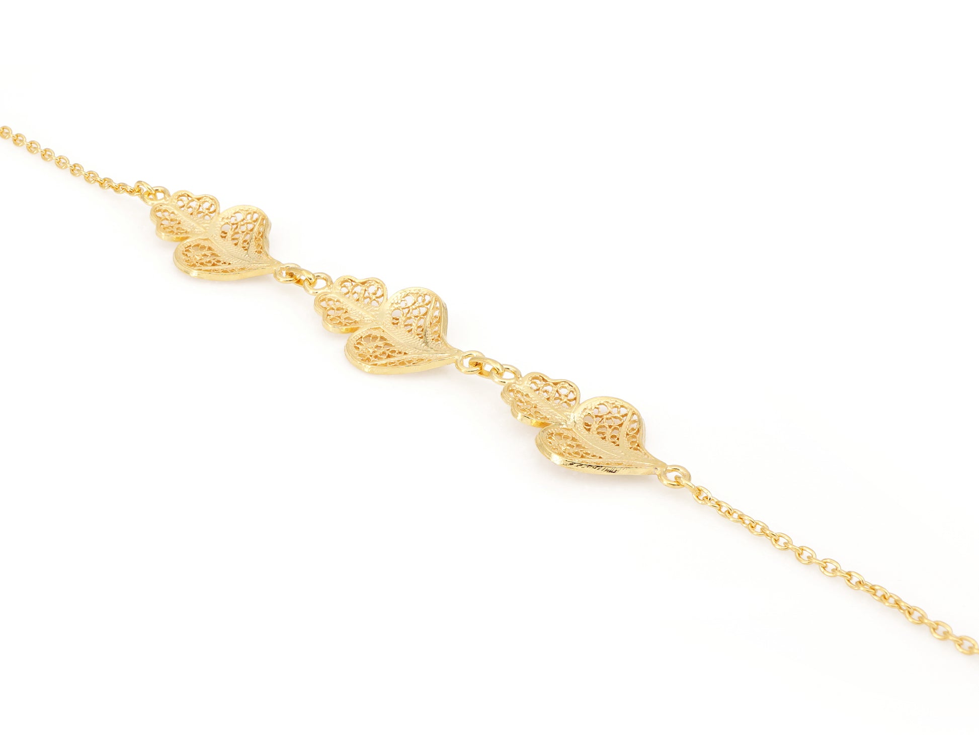 Pulseira Três Corações de Viana, Filigrana Portuguesa, Prata de Lei 925 Dourada - Vista de Trás