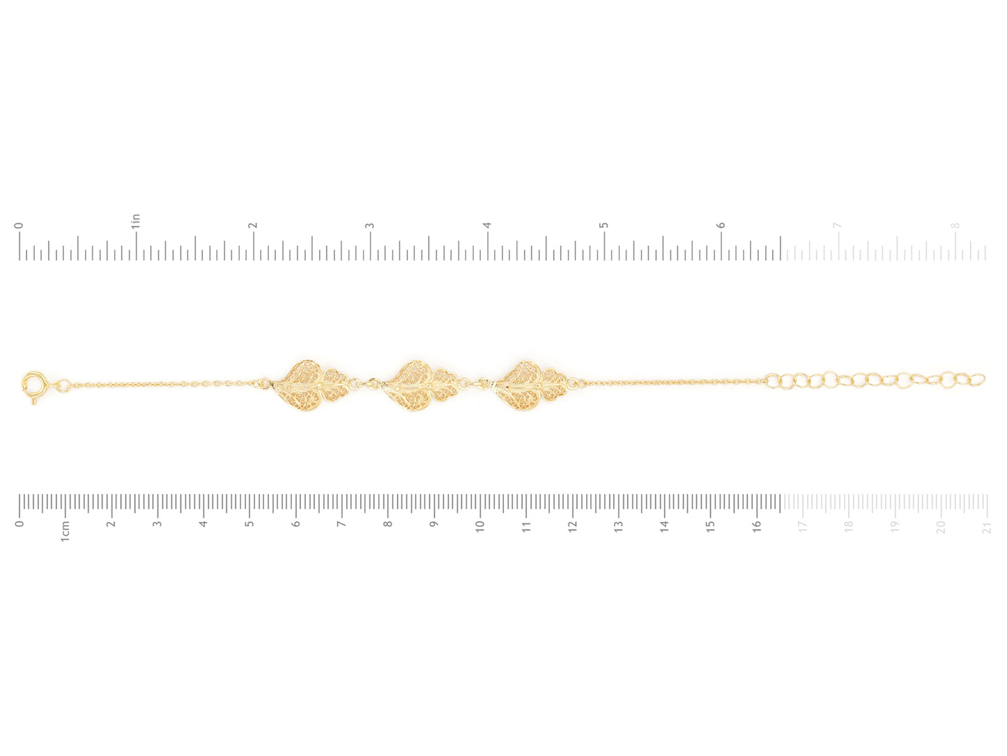 Pulseira Três Corações de Viana, Filigrana Portuguesa, Prata de Lei 925 Dourada - Medidas