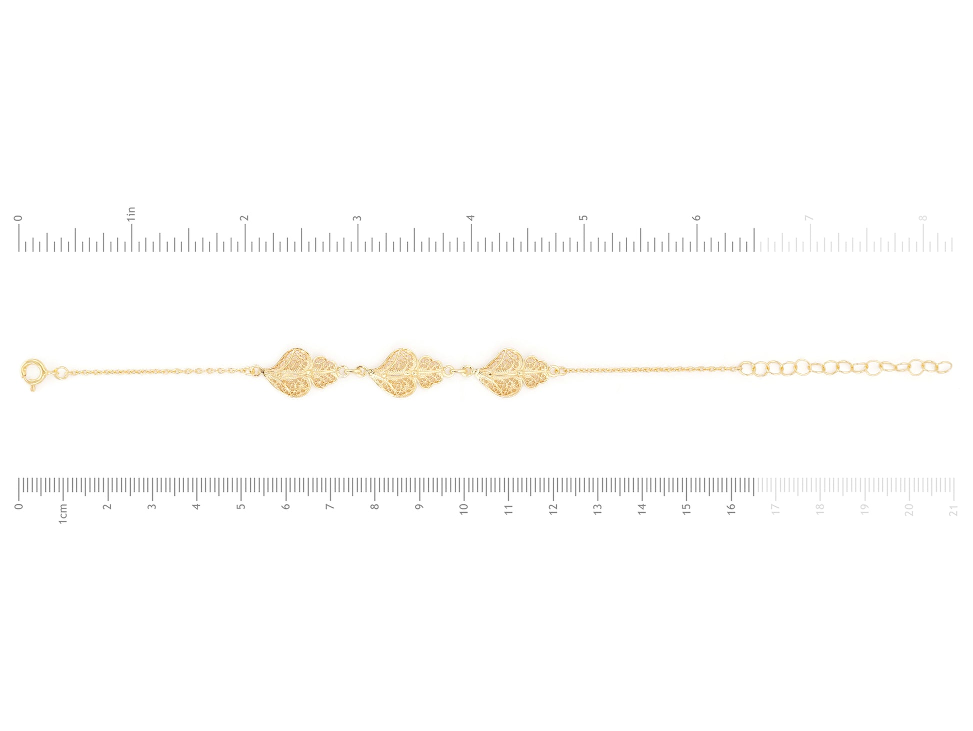 Pulseira Três Corações de Viana, Filigrana Portuguesa, Prata de Lei 925 Dourada - Medidas