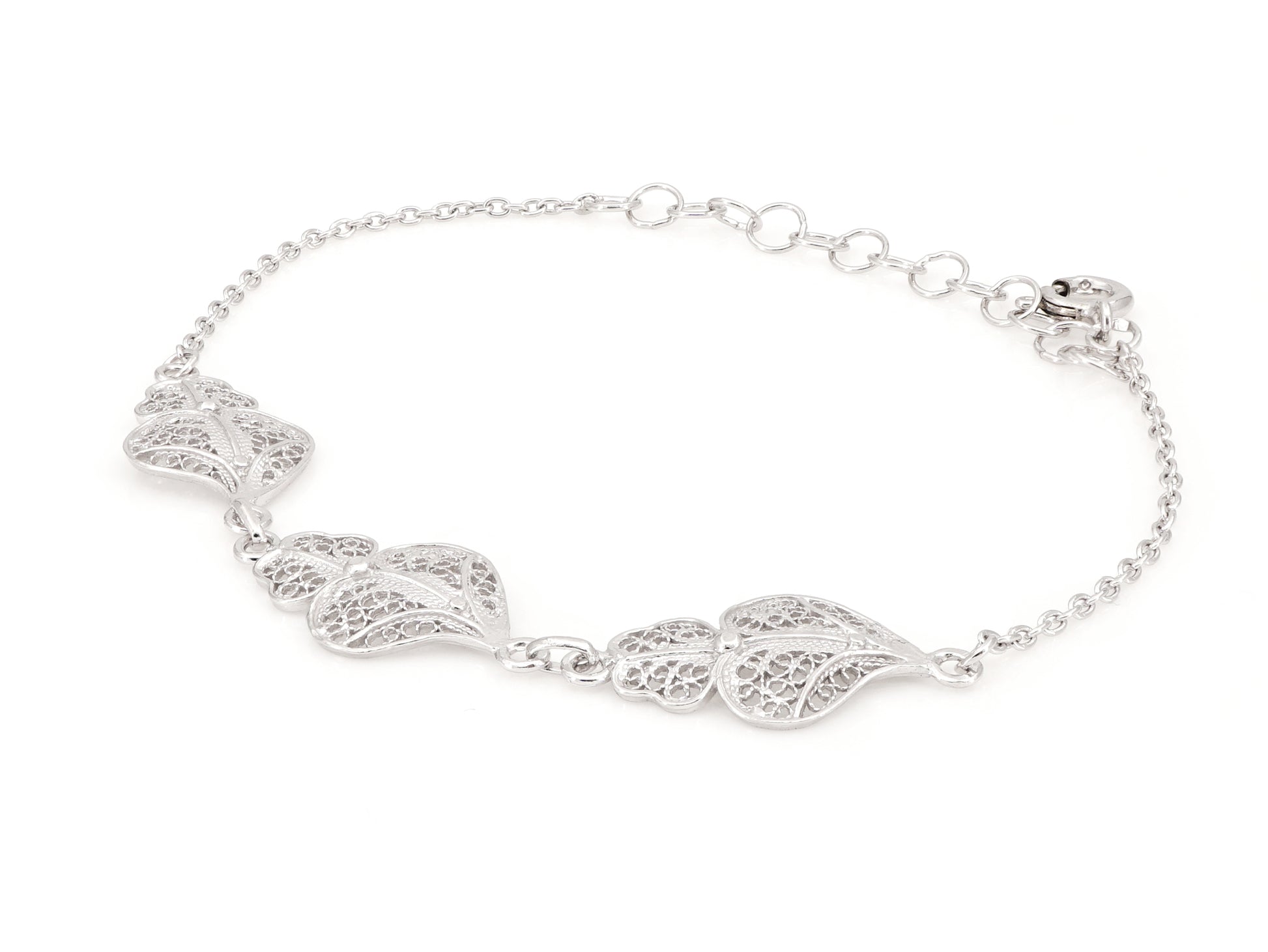 Pulseira Três Corações de Viana, Filigrana Portuguesa, Prata de Lei 925