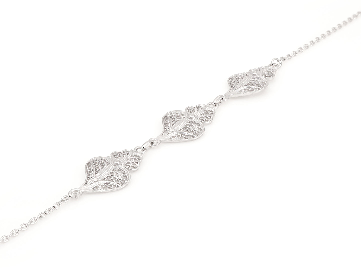 Pulseira Três Corações de Viana, Filigrana Portuguesa, Prata de Lei 925 - Perspectiva