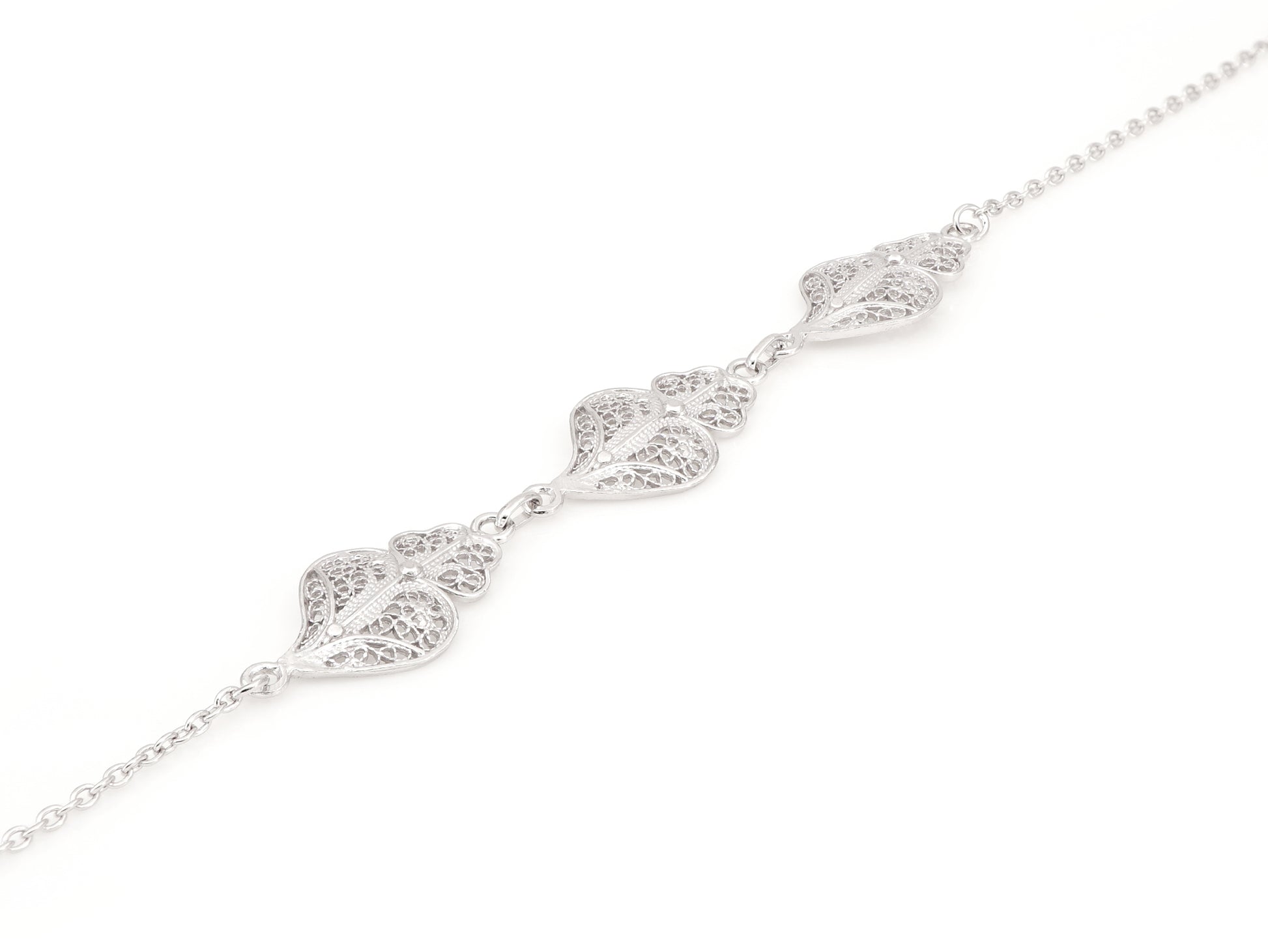 Pulseira Três Corações de Viana, Filigrana Portuguesa, Prata de Lei 925 - Perspectiva