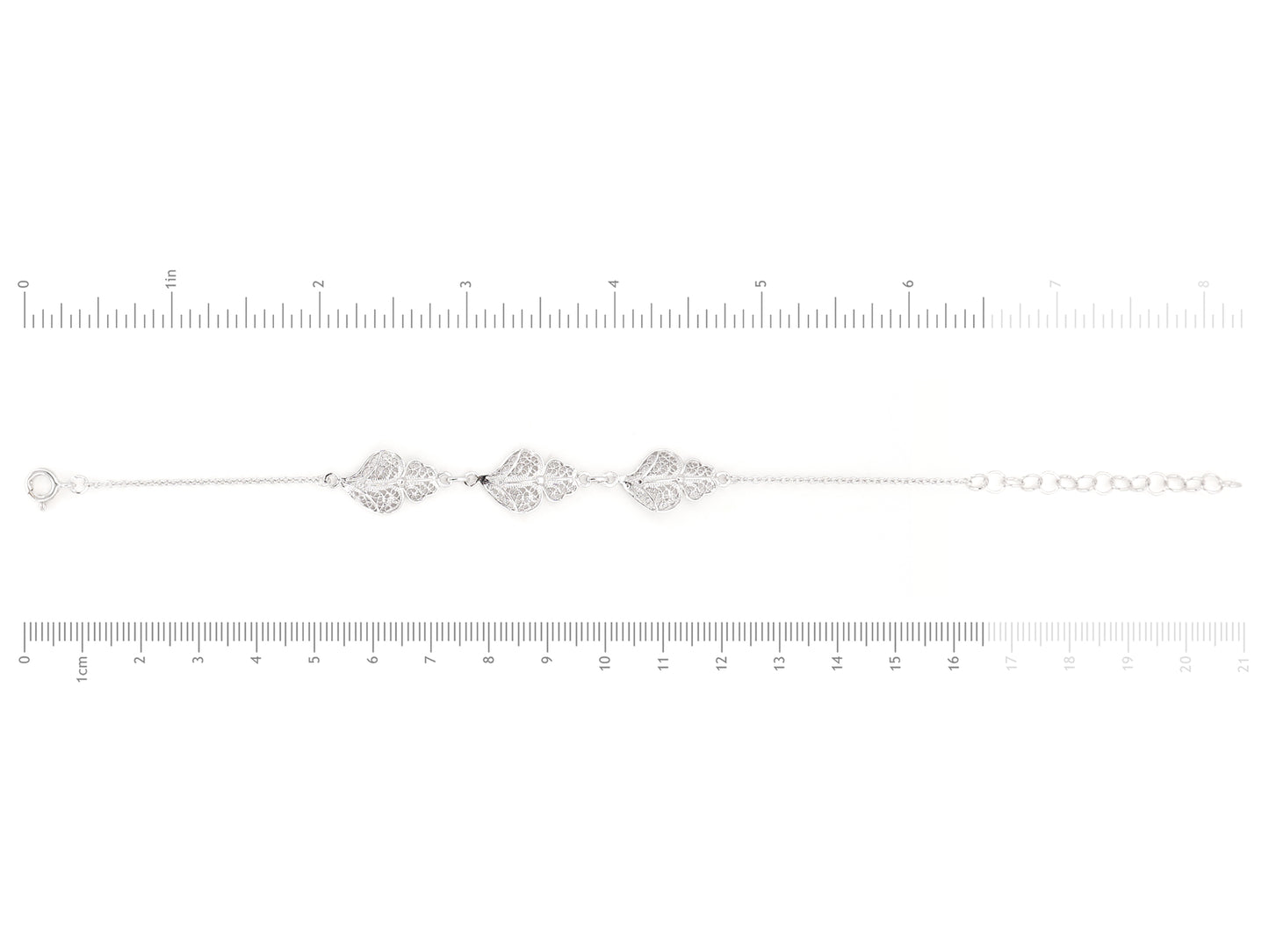 Pulseira Três Corações de Viana, Filigrana Portuguesa, Prata de Lei 925 - Medidas