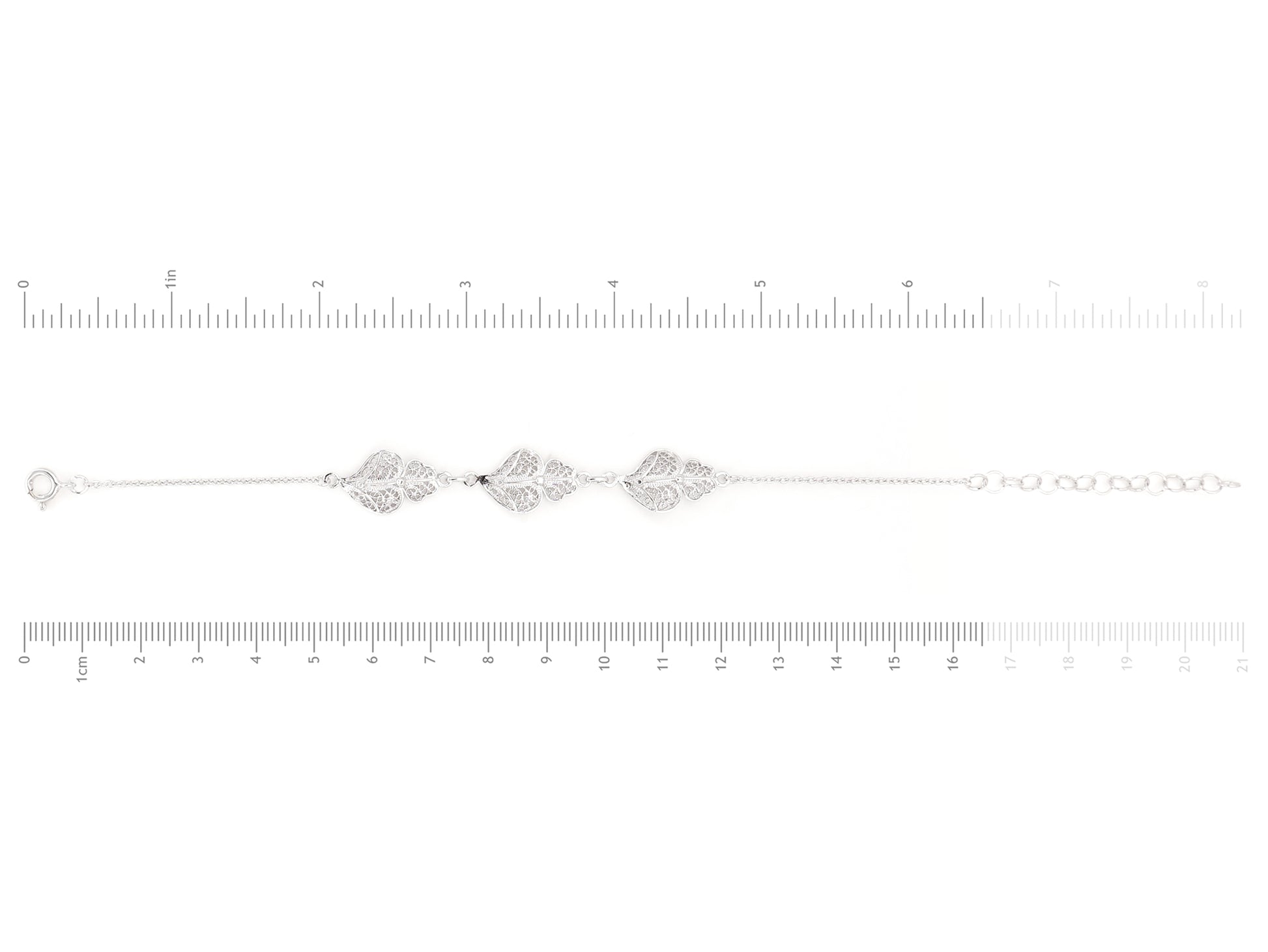 Pulseira Três Corações de Viana, Filigrana Portuguesa, Prata de Lei 925 - Medidas