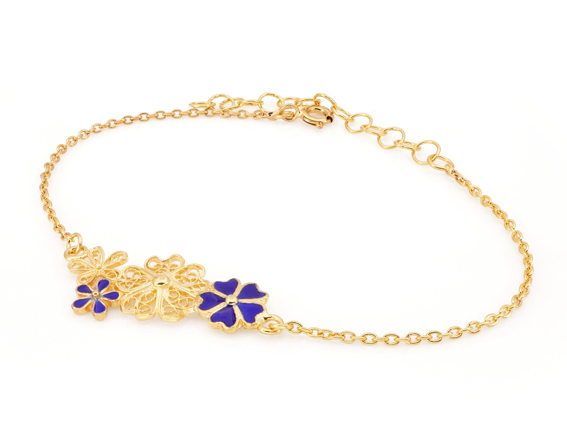 Pulseira Quatro Flores, com Esmalte, Filigrana Portuguesa, Prata de Lei 925 Dourada