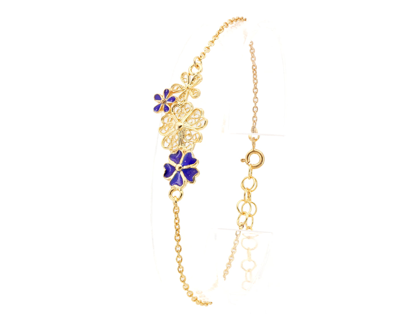 Pulseira Quatro Flores, com Esmalte, Filigrana Portuguesa, Prata de Lei 925 Dourada - Pulseira em Exposição