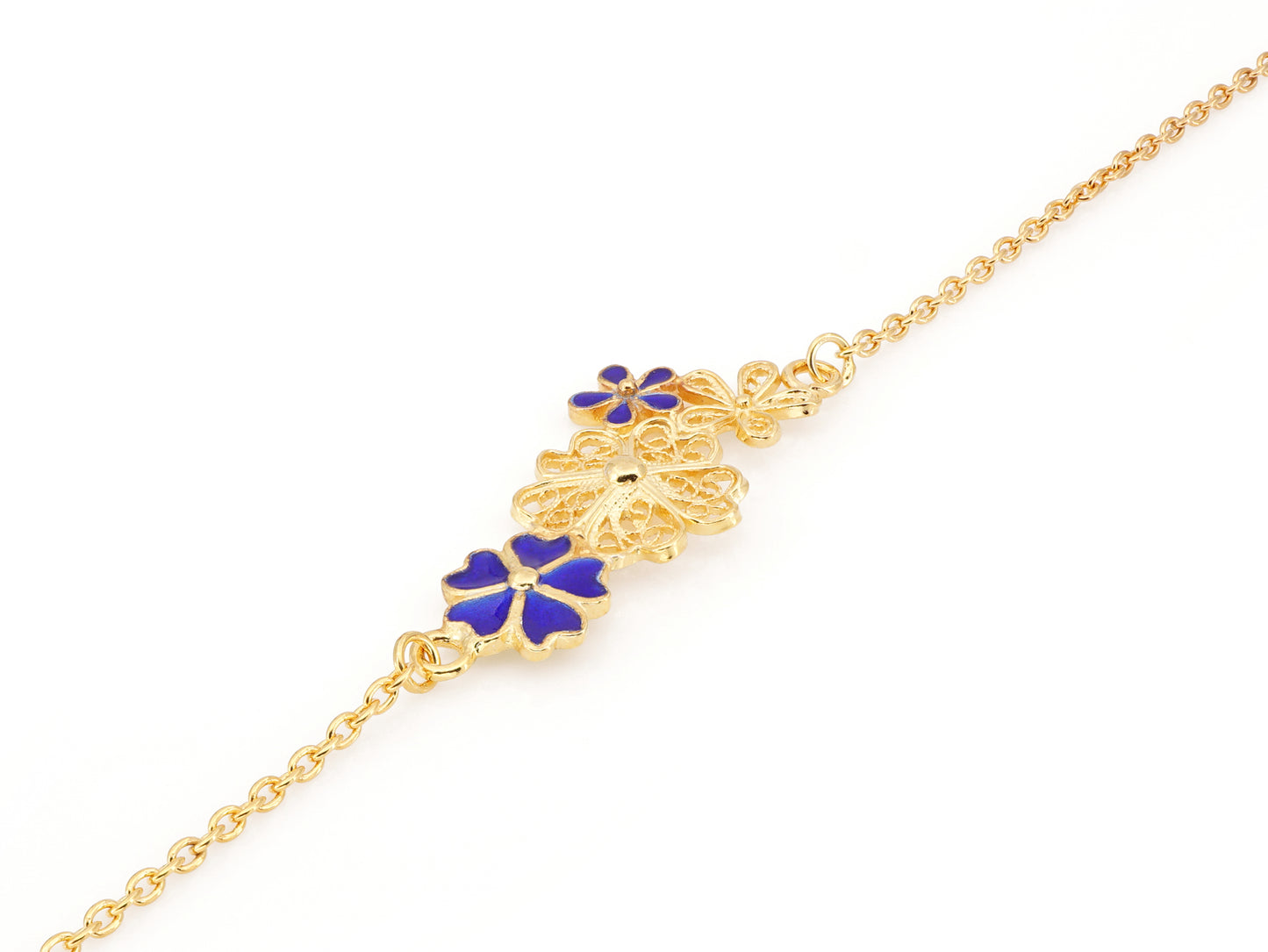 Pulseira Quatro Flores, com Esmalte, Filigrana Portuguesa, Prata de Lei 925 Dourada - Perspectiva, Vista de Frente