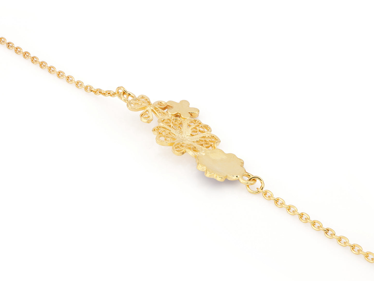 Pulseira Quatro Flores, com Esmalte, Filigrana Portuguesa, Prata de Lei 925 Dourada - Perspectiva, Vista de Trás