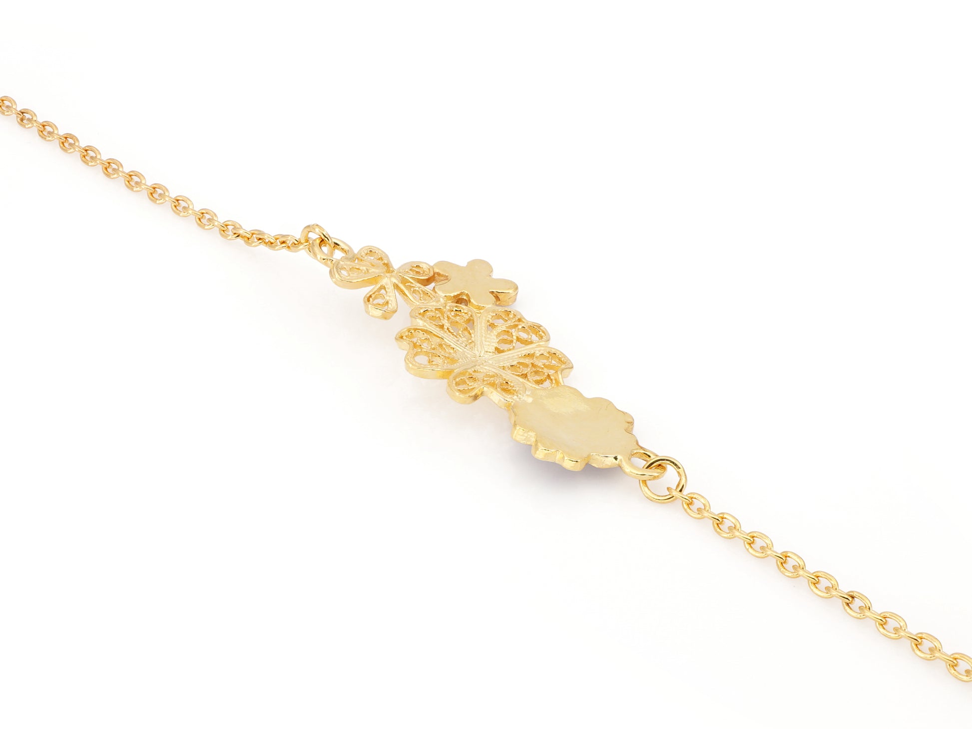 Pulseira Quatro Flores, com Esmalte, Filigrana Portuguesa, Prata de Lei 925 Dourada - Perspectiva, Vista de Trás