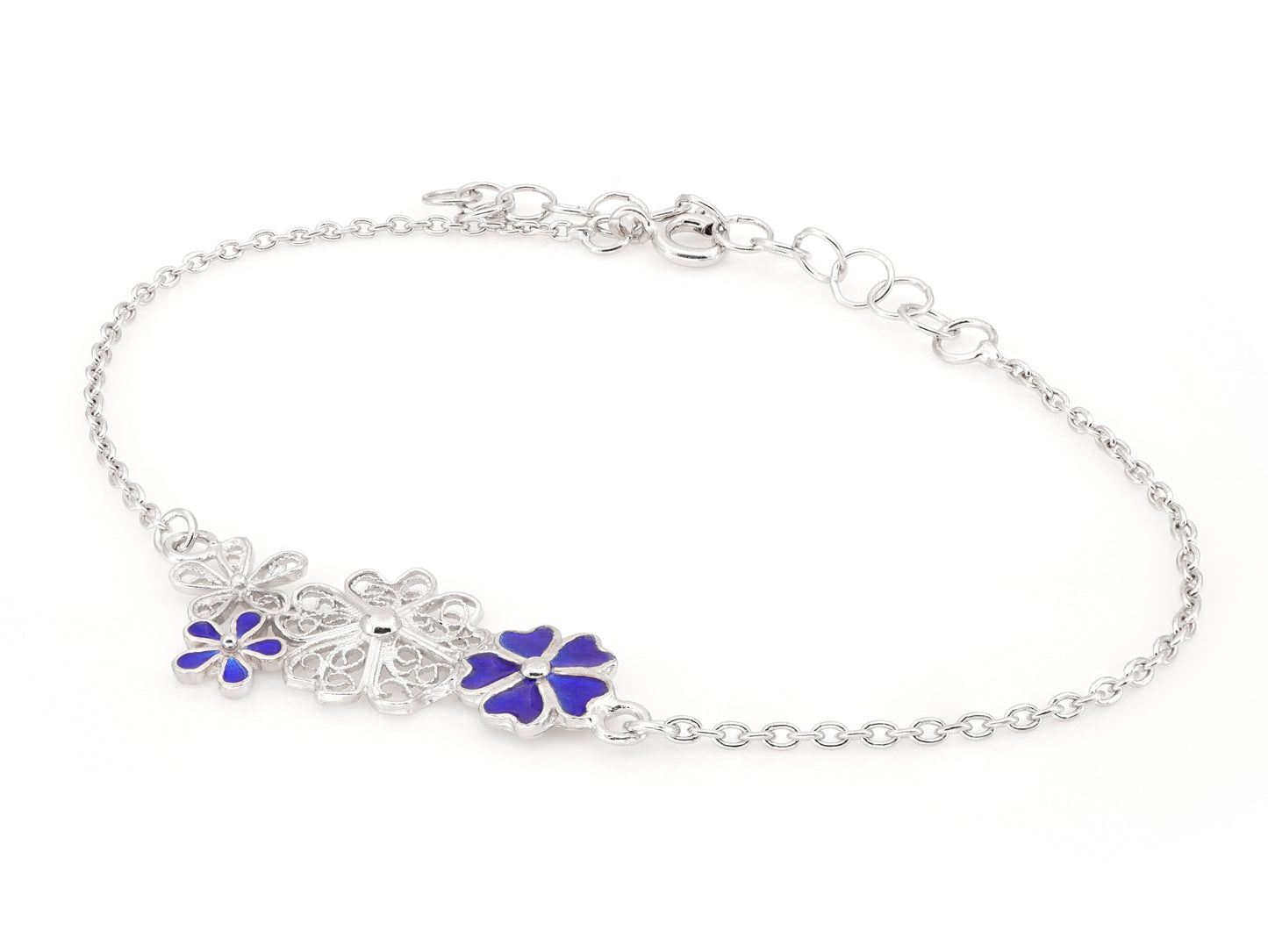 Pulseira Quatro Flores, com Esmalte, Filigrana Portuguesa, Prata de Lei 925