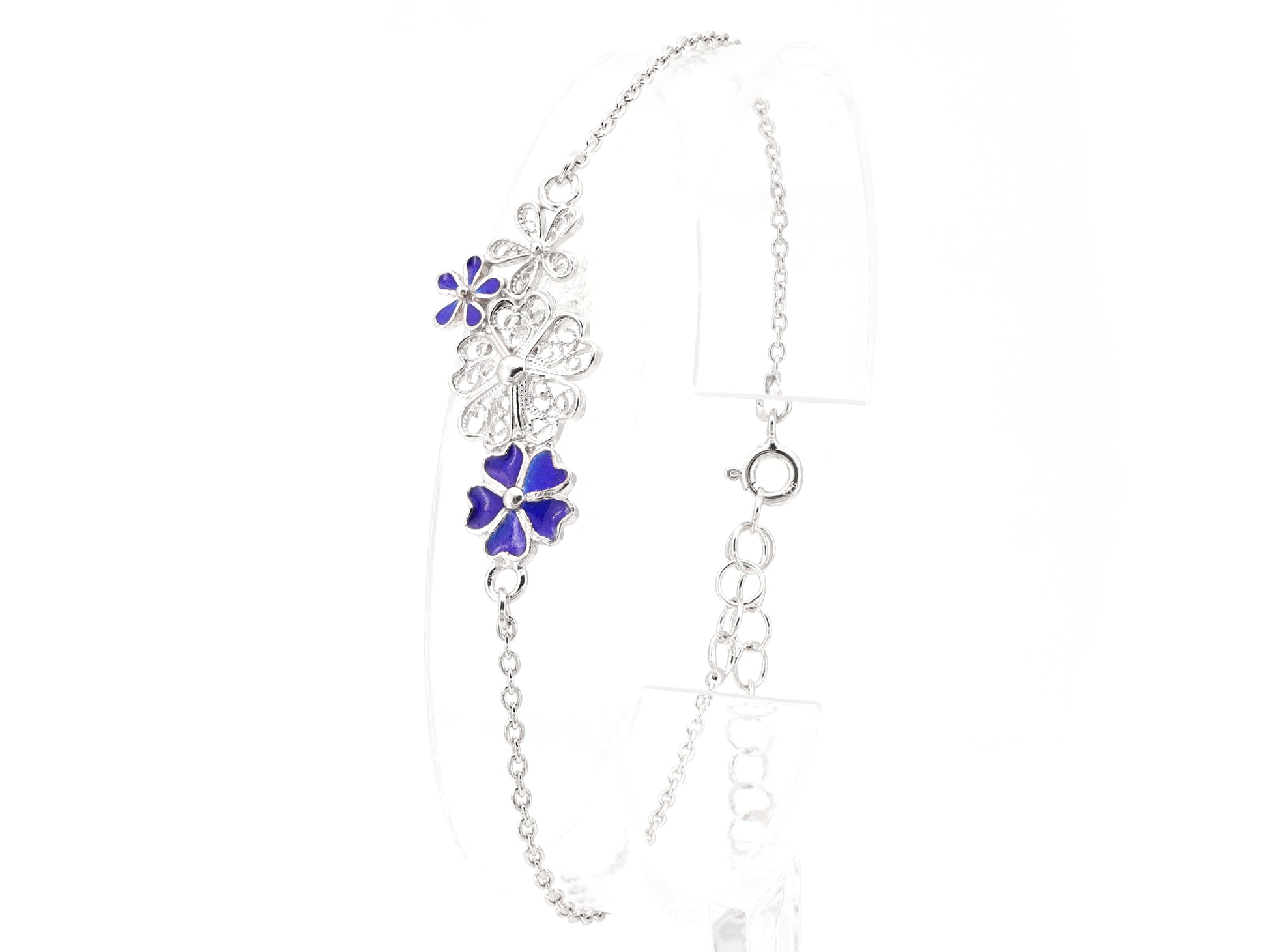 Pulseira Quatro Flores, com Esmalte, Filigrana Portuguesa, Prata de Lei 925 - Pulseira em Exposição