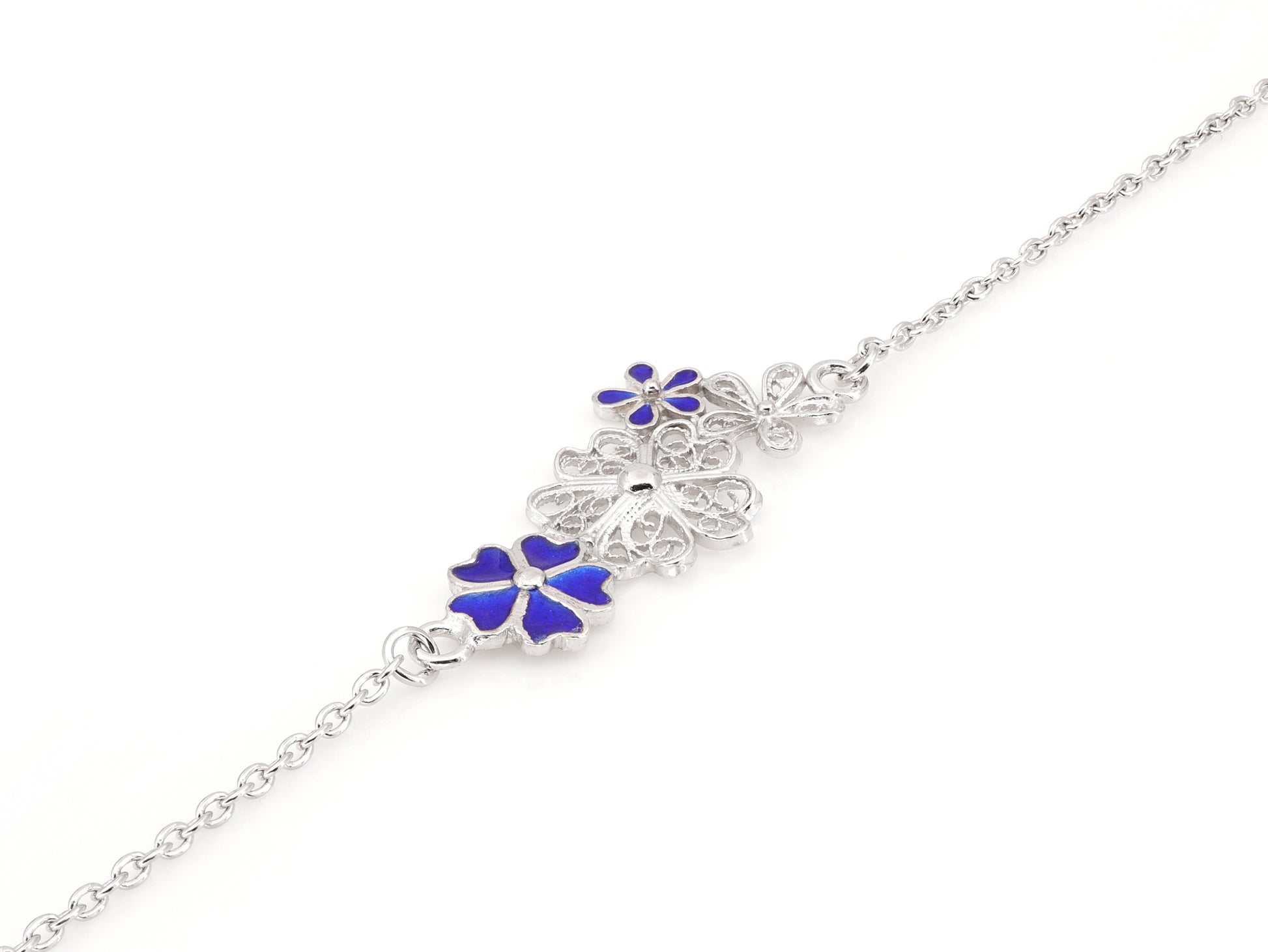 Pulseira Quatro Flores, com Esmalte, Filigrana Portuguesa, Prata de Lei 925 - Perspectiva, Vista de Frente