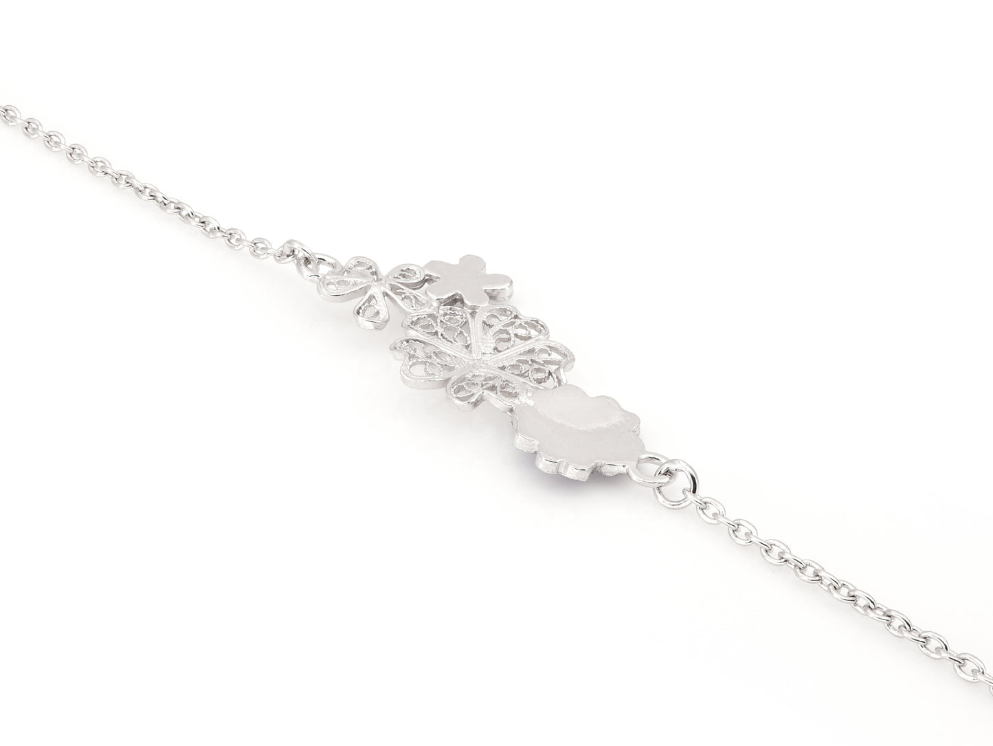 Pulseira Quatro Flores, com Esmalte, Filigrana Portuguesa, Prata de Lei 925 - Perspectiva, Vista de Trás