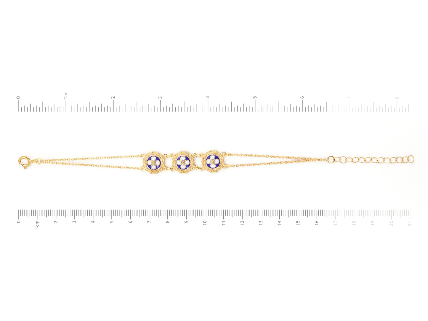 Pulseira com Três Caramujos Clássicos, Filigrana Portuguesa, Prata de Lei 925 Dourada - Medidas