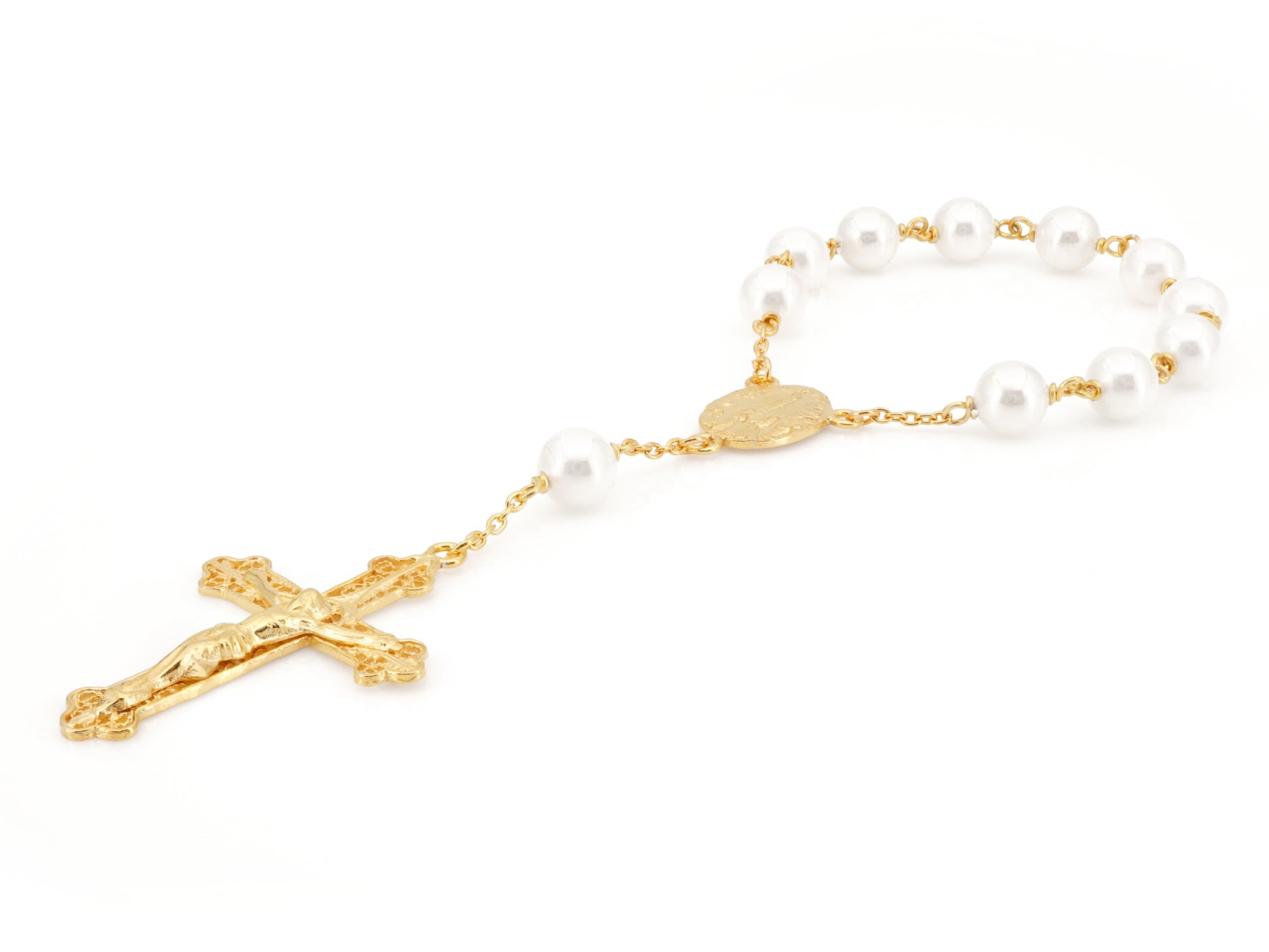 Mini Terço Dezena Filigrana Portuguesa com Pérolas - Perspectiva, Vista de Frente