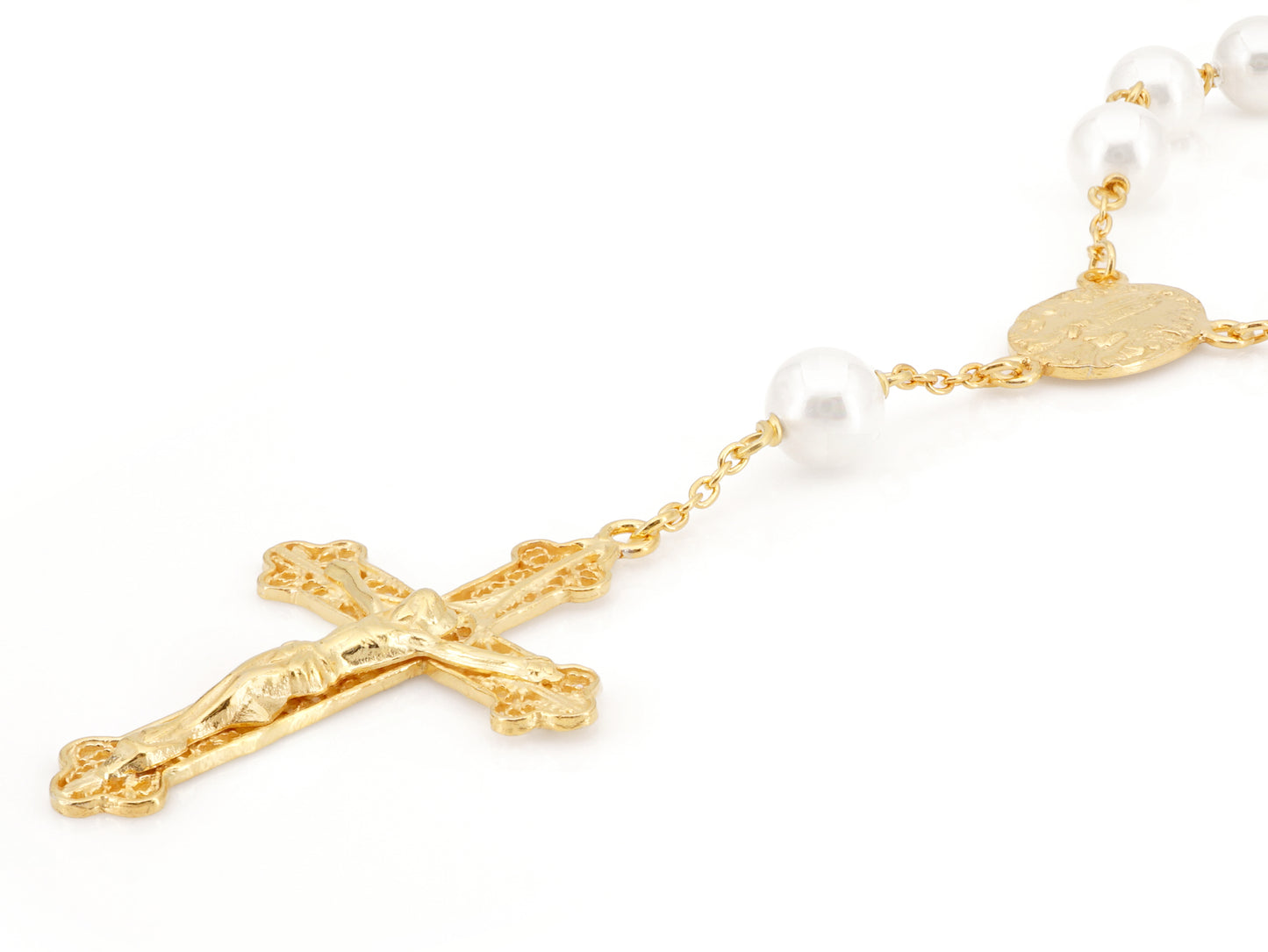 Mini Terço Dezena Filigrana Portuguesa com Pérolas - Pormenor Perspectiva, Vista de Frente