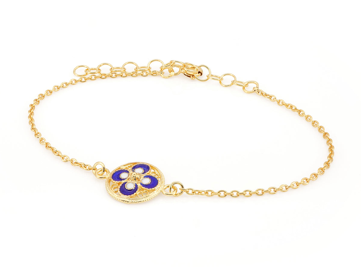 Pulseira Mini Azulejo Redondo, Filigrana Portuguesa, Prata de Lei 925 Dourada