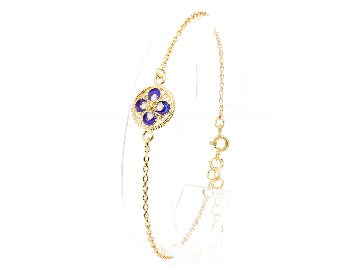 Pulseira Mini Azulejo Redondo, Filigrana Portuguesa, Prata de Lei 925 Dourada - Pulseira em Exposição