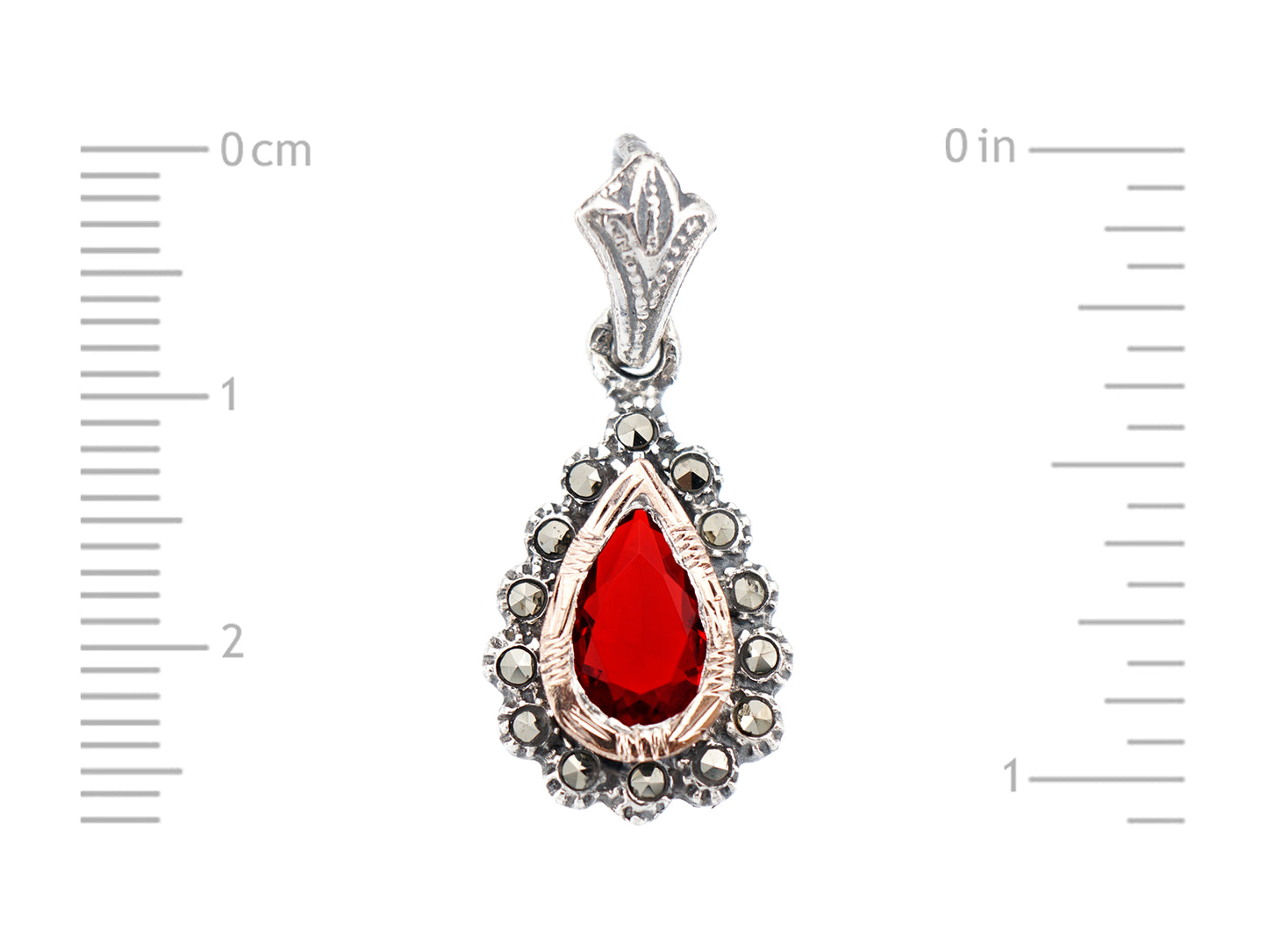 Medalha Lágrima Marcassites e Pedra Vermelha, Prata de Lei 925 e Ouro 9k - Medidas